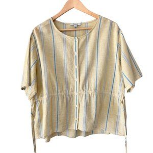 Madewell Womens Beige Striped Short Sleeves Round Neck Button Up Top Size L